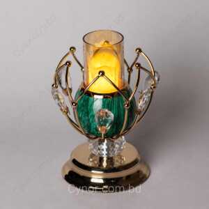 Golden Color Metal Body Flower Shape Stone Design Green Glass Candle Holder