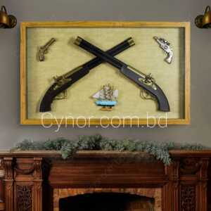 Wooden & Glass Frame Antique Decorative Replica G*ns & Ship Wall Frame Decor