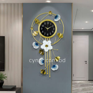 Metal Body with Stainless Steel Design Golden, White. Blue Color Gingko Leaf and Flower Design Wall Clock