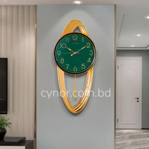 Fiber and Glass Made Golden Color Body Green Color Dial Pendulum Wall Clock