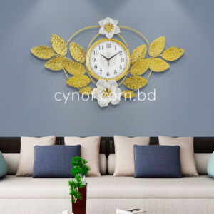 Stainless Steel Metal Body Golden and White Color Aquatic Leaf Design Wall Clock