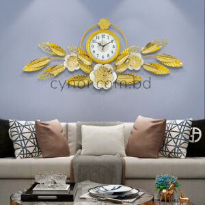 Stainless Steel Metal Body Golden Color Aquatic Leaf Design Wall Clock