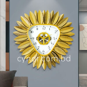 High Quality Stainless Steel Metal Body Golden Color Leaf Design Moving Mechanical Gear Design Wall Clock