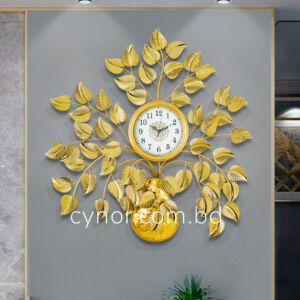 Stainless Steel Metal Body Golden Color Leaf Design Wall Clock