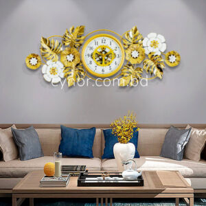 Stainless Steel Metal Body Golden and White Color Aquatic Design Moving Mechanical Gear Design Wall Clock