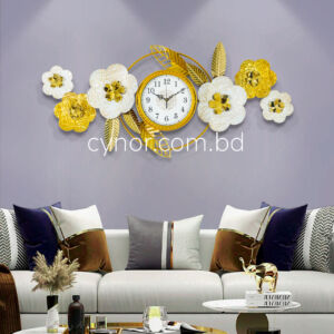 Stainless Steel Metal Body Golden and White Color Aquatic Leaf Design Wall Clock
