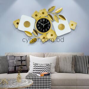 Stainless Steel Metal Body Golden and White Color Aquatic Square Shape Leaf Design Wall Clock