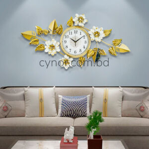 Stainless Steel Metal Body Golden and White Color Aquatic Leaf and Flower Design Wall Clock