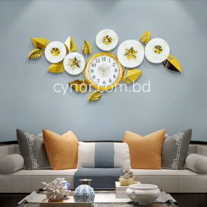 Stainless Steel Metal Body Golden and White Color Aquatic Leaf and Flower Design Wall Clock