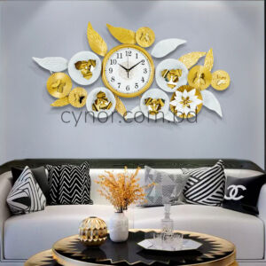 Stainless Steel Metal Body Golden and White Color Aquatic Leaf and Flower and Butterfly Design Wall Clock