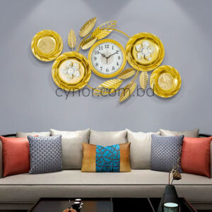Stainless Steel Metal Body Golden and White Color Aquatic Leaf and Flower Design Wall Clock