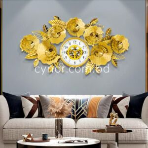 High Quality Stainless Steel Metal Body Golden Color Aquatic Leaf Design Moving Mechanical Gear Design Wall Clock
