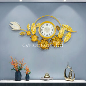 Stainless Steel Metal Body Golden and White Color Aquatic Leaf and Flower Design Wall Clock