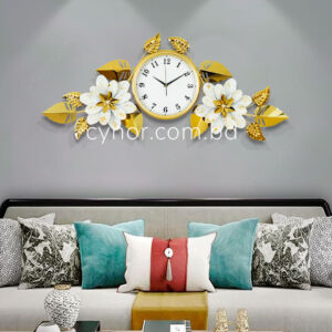 Stainless Steel Metal Body Golden and White Color Aquatic Leaf and Flower Design Wall Clock