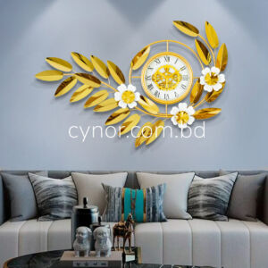 Stainless Steel Metal Body Golden, White Color Leaf and Flower Design Moving Mechanical Gear Design Wall Clock