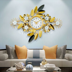 Metal Body Stainless Steel Golden and White Color Aquatic Leaf and Flower Design Wall Clock