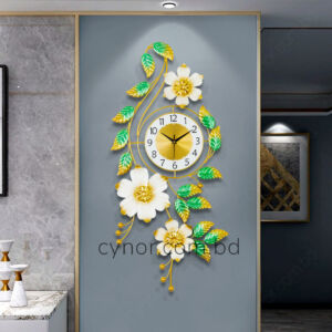 Metal Body Golden, Green and White Color Leaf and Flower Design Wall Clock