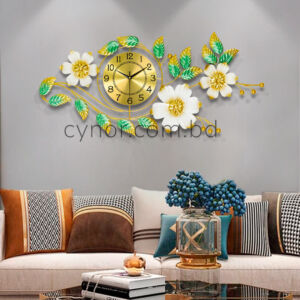 Metal Body Golden, Green and White Color Leaf and Flower Design Golden Dial Wall Clock