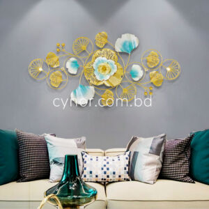 Metal Body Golden, Teal, Silver Color Gingko and Aquatic Leaf Design Wall Decor