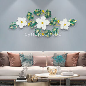 Metal Body Golden, Green, White Color Aquatic Leaf and Flower Design Wall Decor