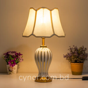 White and Golden Color Ceramic and Metal Body with Cream Color Fabric Shade table Lamp