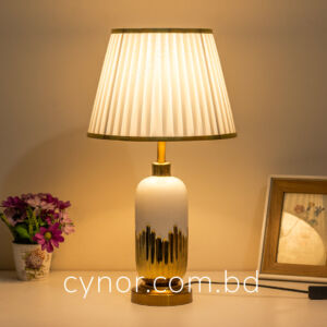 White and Golden Color Ceramic and Metal Body White Color Fabric Shade Table Lamp