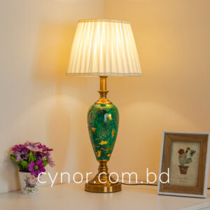 Green and Golden Color Ceramic and Metal Body with Cream Color Fabric Shade Table Lamp