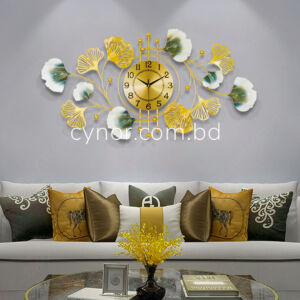 Metal Body Golden, Green and White Color Gingko Leaf Design Wall Clock