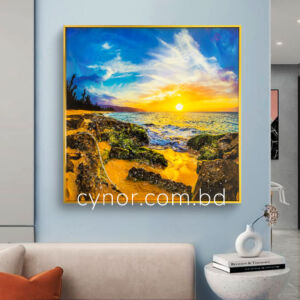 Metal Aluminium Frame Resin with Stone Design Sunset Sea Beach Scenery Wall Frame Decor