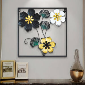 Metal Body White, Golden, Green, Black Color Gingko Leaf and Flower Design Wall Decor