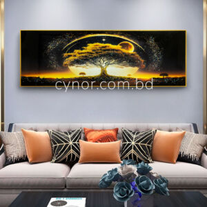 Metal Aluminium Frame Resin with Stone Design Abstract Tree Moon Eclipse Wall Frame Decor
